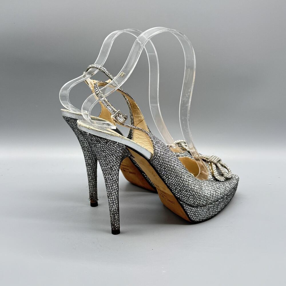 Jimmy Choo Shoes Womens 9.5 Silver Peep Toe Slingback Glitter Crystal Bow Heels - Picture 9 of 13